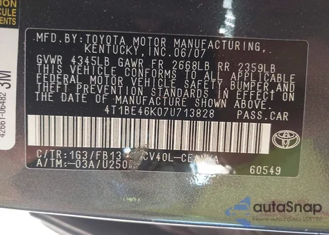 2007 Toyota Camry Le z USA, uszkodzony, nr VIN 4T1BE46K07U713828